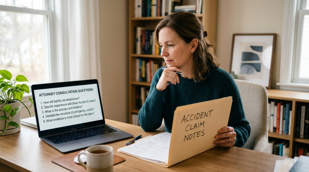 Person reviewing attorney consultation questions for an injury claim