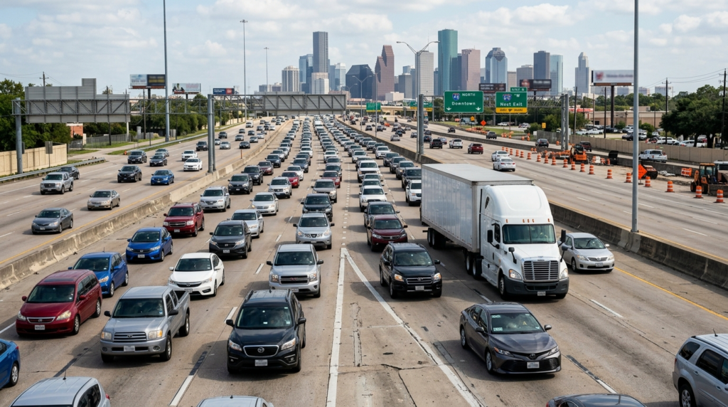 Mixed Houston traffic with commercial vehicles and construction zones