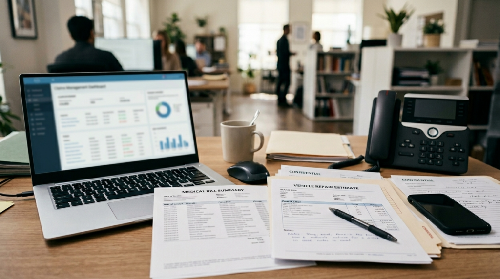Insurance claim review with medical bills and repair estimate documents