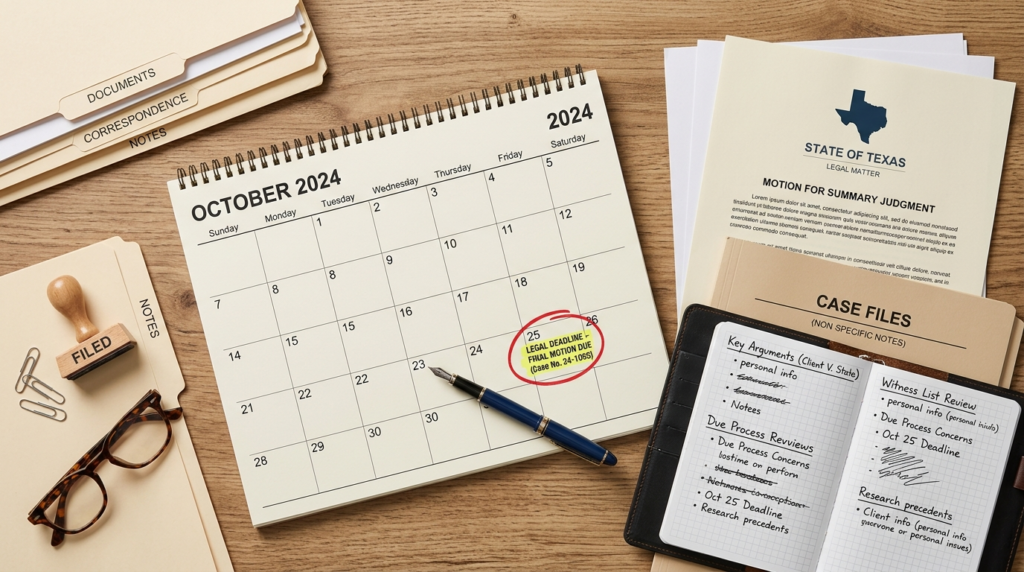 Calendar and Texas legal documents representing injury claim deadlines