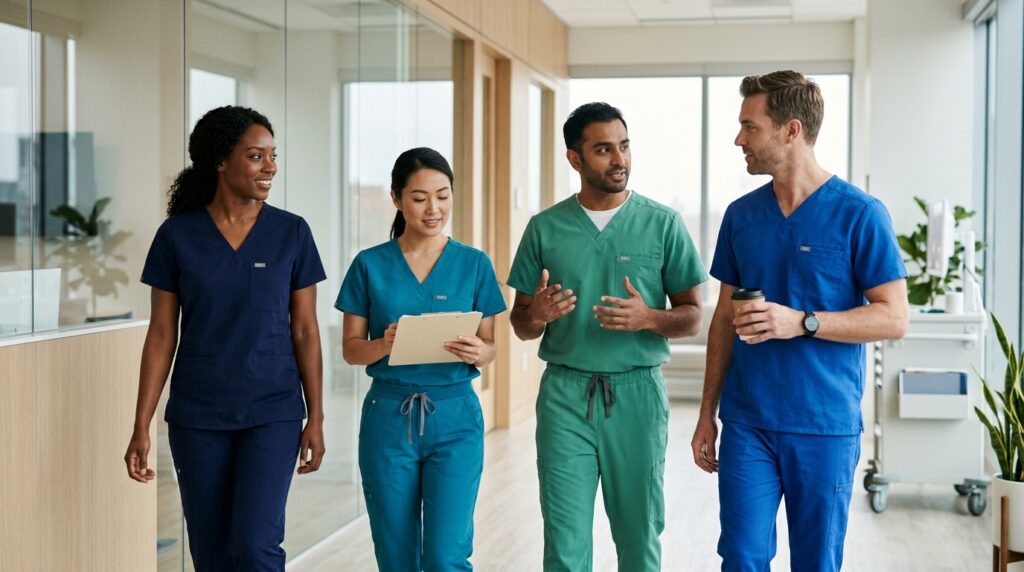How to Choose Affordable Medical Scrubs Without Sacrificing Professional Fit Healthcare professionals wearing affordable, well-fitted professional medical scrubs