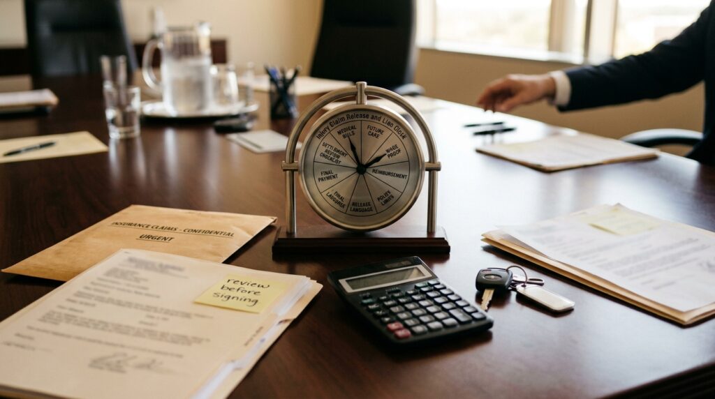 Houston Texas injury claim release and lien clock with medical bills future care wage proof reimbursement policy limits final payment and settlement review checklist