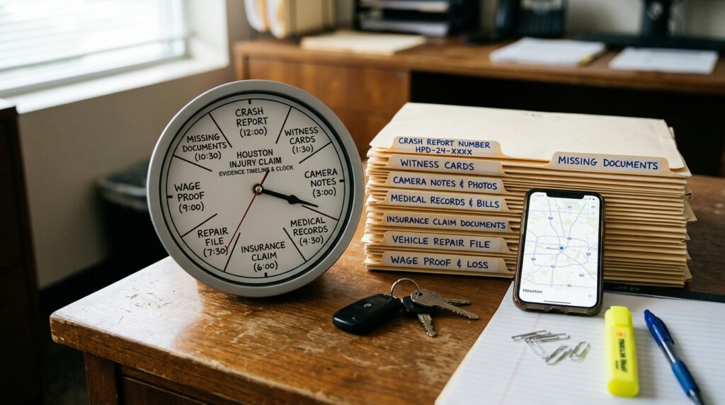 Houston injury claim report and evidence clock with crash report number witness cards camera notes medical records insurance claim and repair file