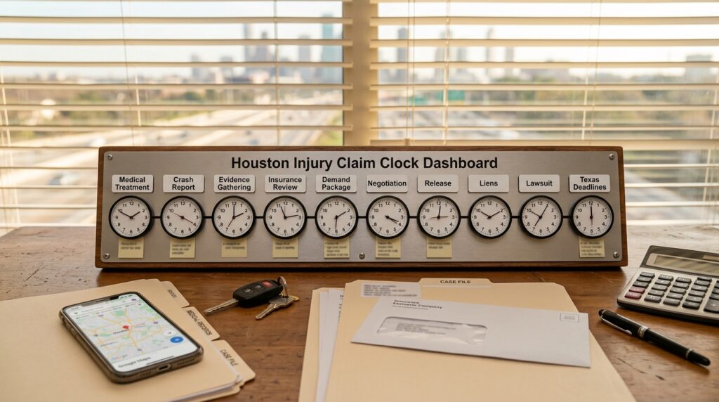 How Long Does a Texas Injury Claim Take? A Houston Claim Clock Dashboard Houston Texas injury claim clock dashboard with medical treatment crash report insurance review evidence negotiation release liens lawsuit and deadline notes
