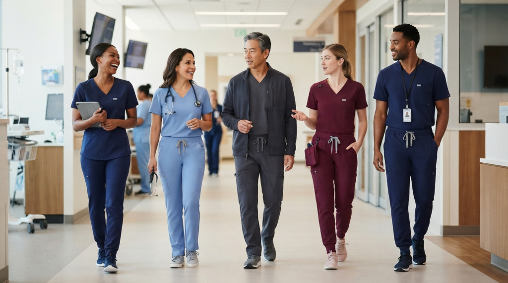 Cherokee Allura Scrubs: Collection, Fit, and Style Guide Healthcare professionals wearing coordinated Cherokee Allura scrub tops, pants, joggers, and jackets