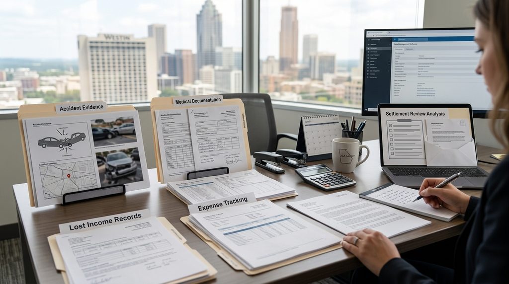 Atlanta personal injury claim evaluation showing damages calculation evidence documents settlement review and financial losses