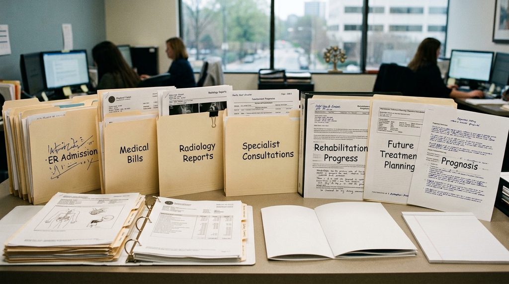 Georgia injury claim medical damages review showing treatment records bills rehabilitation plans and future care analysis