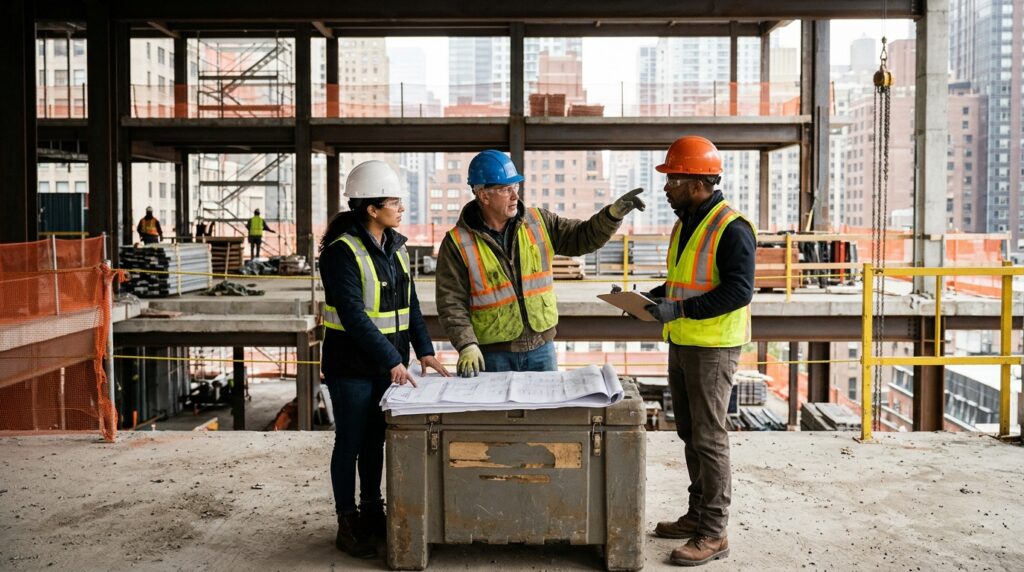 Subcontractor Liability After New York Jobsite Injuries Construction supervisors discussing subcontractor safety responsibilities at a New York jobsite